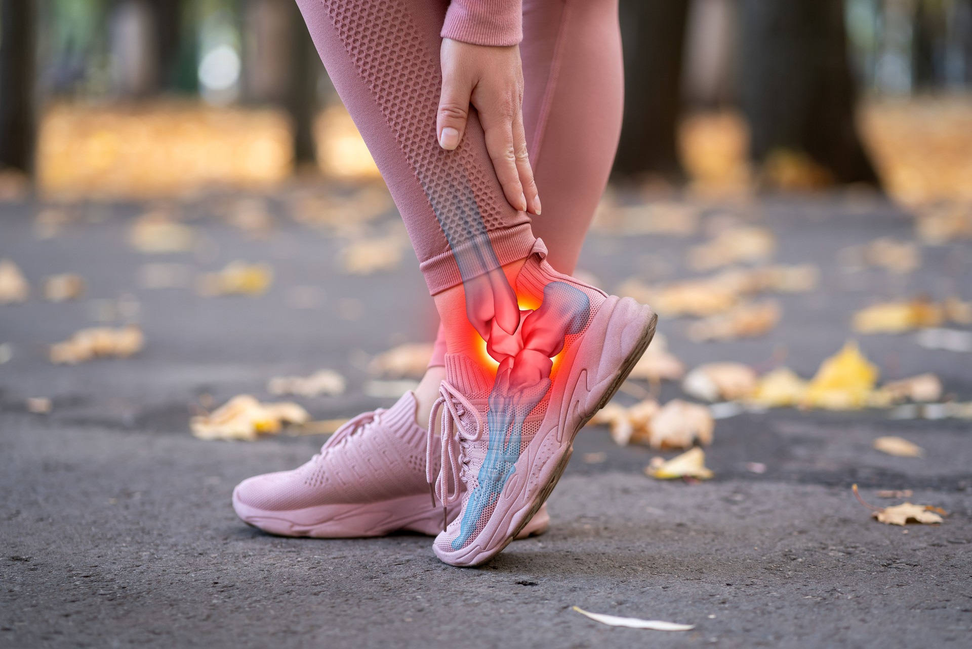 Achilles tendon injury, joint inflammation, foot pain, woman suffering from feet ache while jogging, podiatry concept
